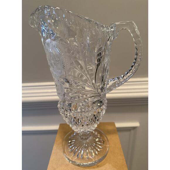 Vntg Anna Hutte Bleikristall Crystal Footed Pedestal Pitcher Frosted Roses 12” - Picture 1 of 5
